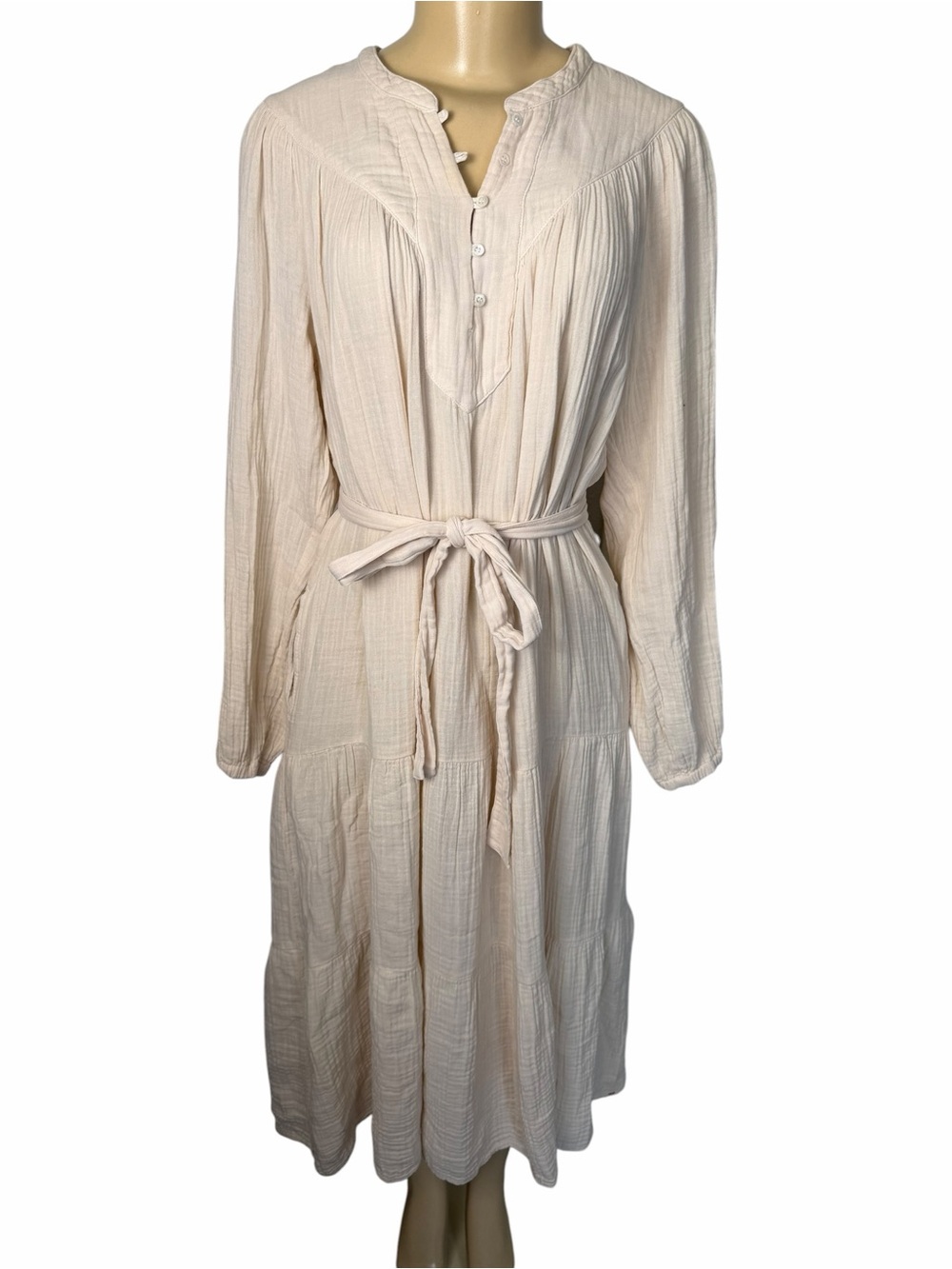 Xirena Long Sleeve button V-Neck gauze tiered dropped waist midi Dress Sz small